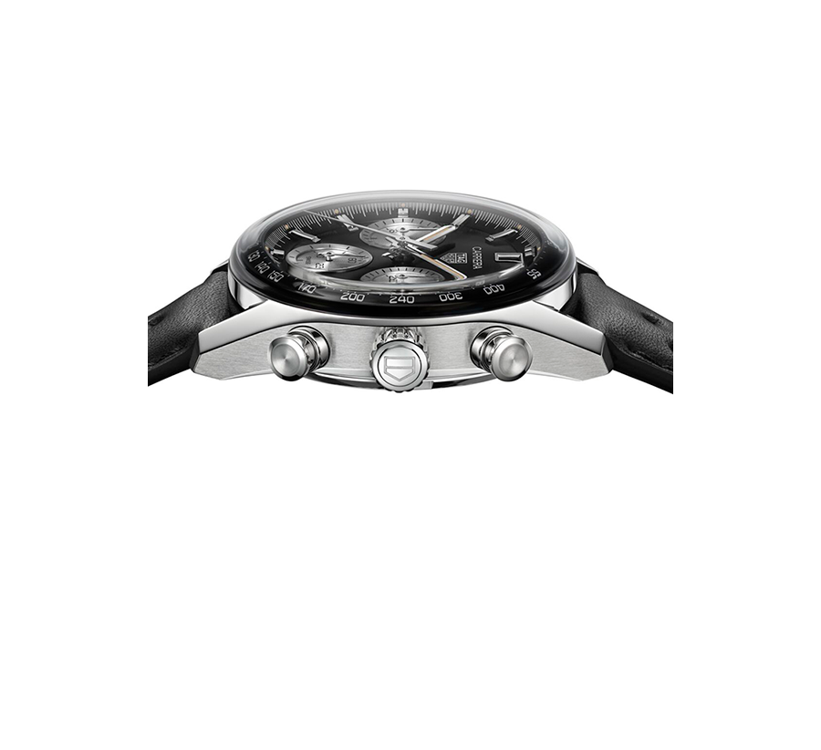 Crown Detail of TAG Heuer Carrera Chronograph Watch with Black Dial